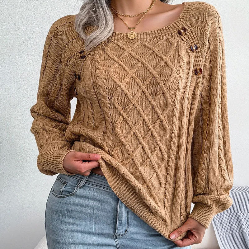 Alysia | Women Button Crew Cable Knit Pullover