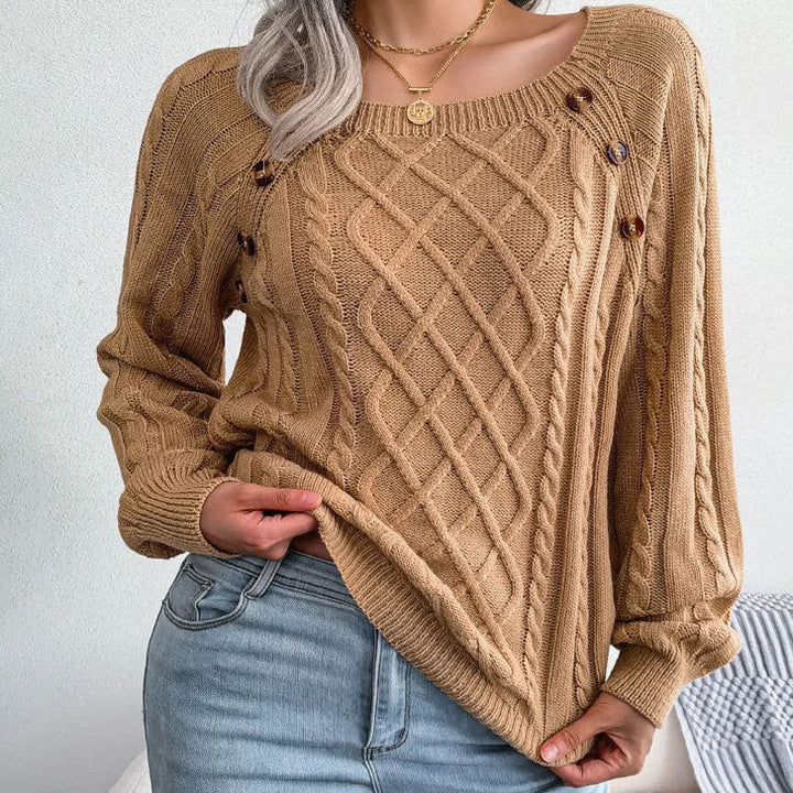 Alysia | Women Button Crew Cable Knit Pullover