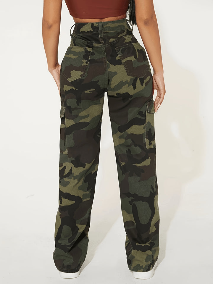 Stylish Camo Denim Cargo Pants for Women with Flowy Work Style