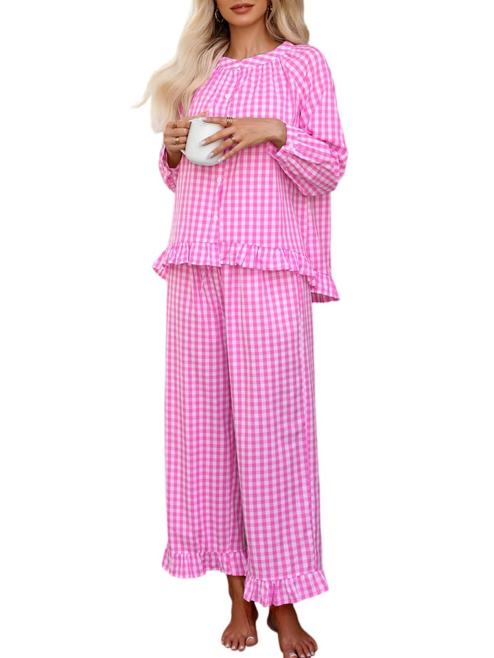 Amara | Women's Gingham Button Front Casual Pajama Set