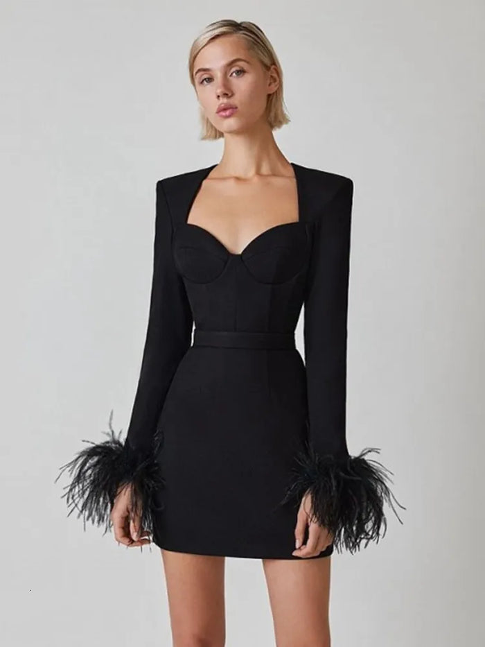 Kitty | Women Feather Cuff Long Sleeve Dress