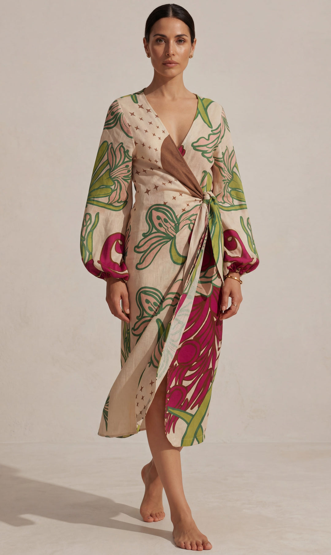 Harper | Women's Floral V Neck Wrap Front Casual Midi Belted Dress