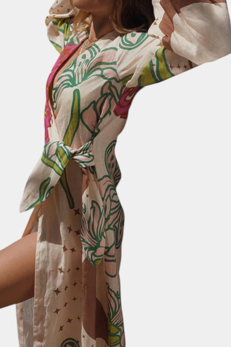 Harper | Women's Floral V Neck Wrap Front Casual Midi Belted Dress