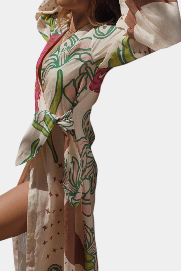 Harper | Women's Floral V Neck Wrap Front Casual Midi Belted Dress