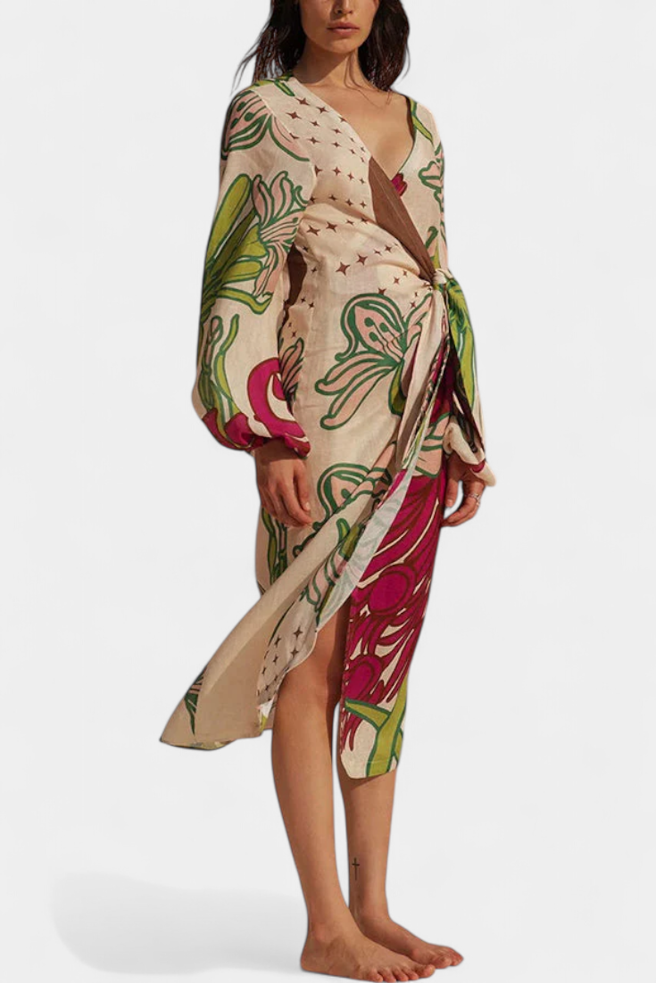Harper | Women's Floral V Neck Wrap Front Casual Midi Belted Dress