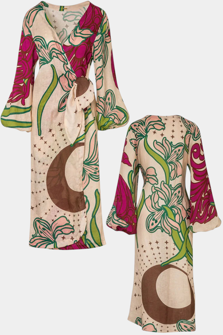 Harper | Women's Floral V Neck Wrap Front Casual Midi Belted Dress