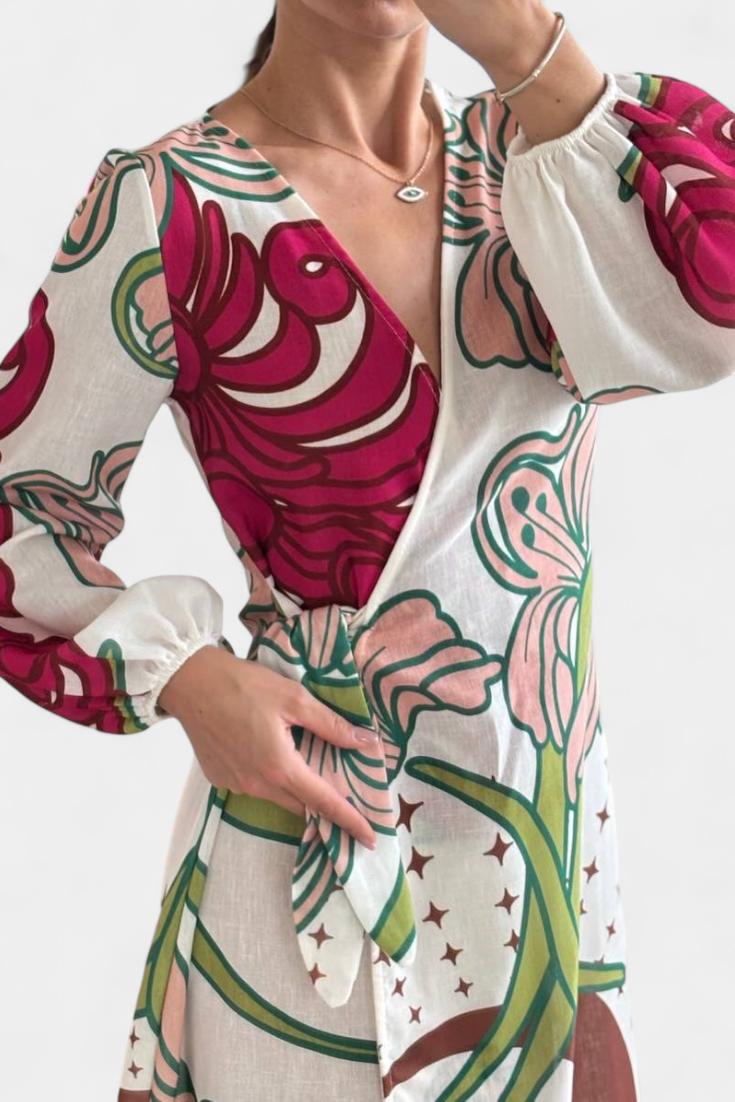 Harper | Women's Floral V Neck Wrap Front Casual Midi Belted Dress