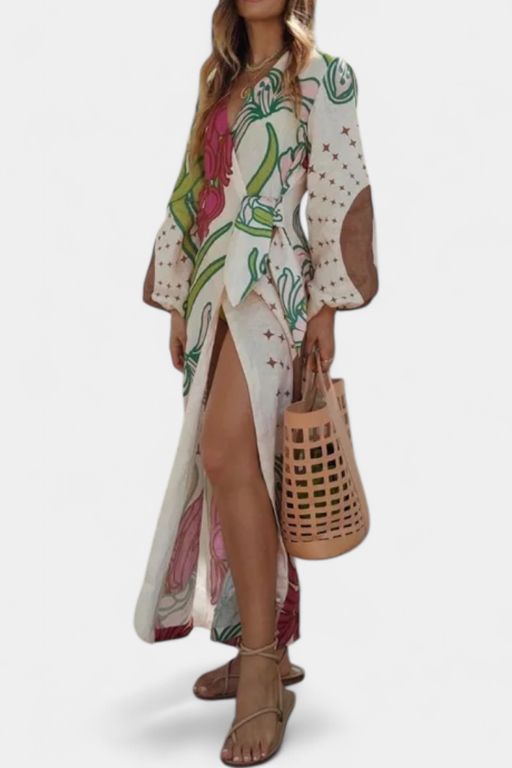 Harper | Women's Floral V Neck Wrap Front Casual Midi Belted Dress