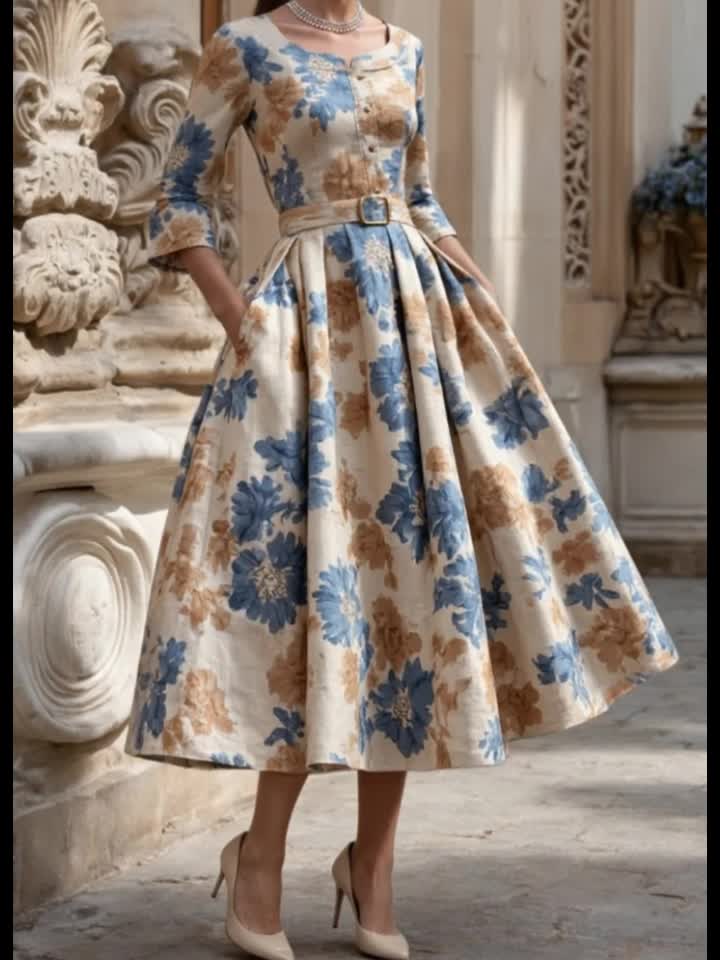 Mirabel | Women's White Floral Square Neck Elbow Sleeve Belted Wedding Guest Pockets Dress