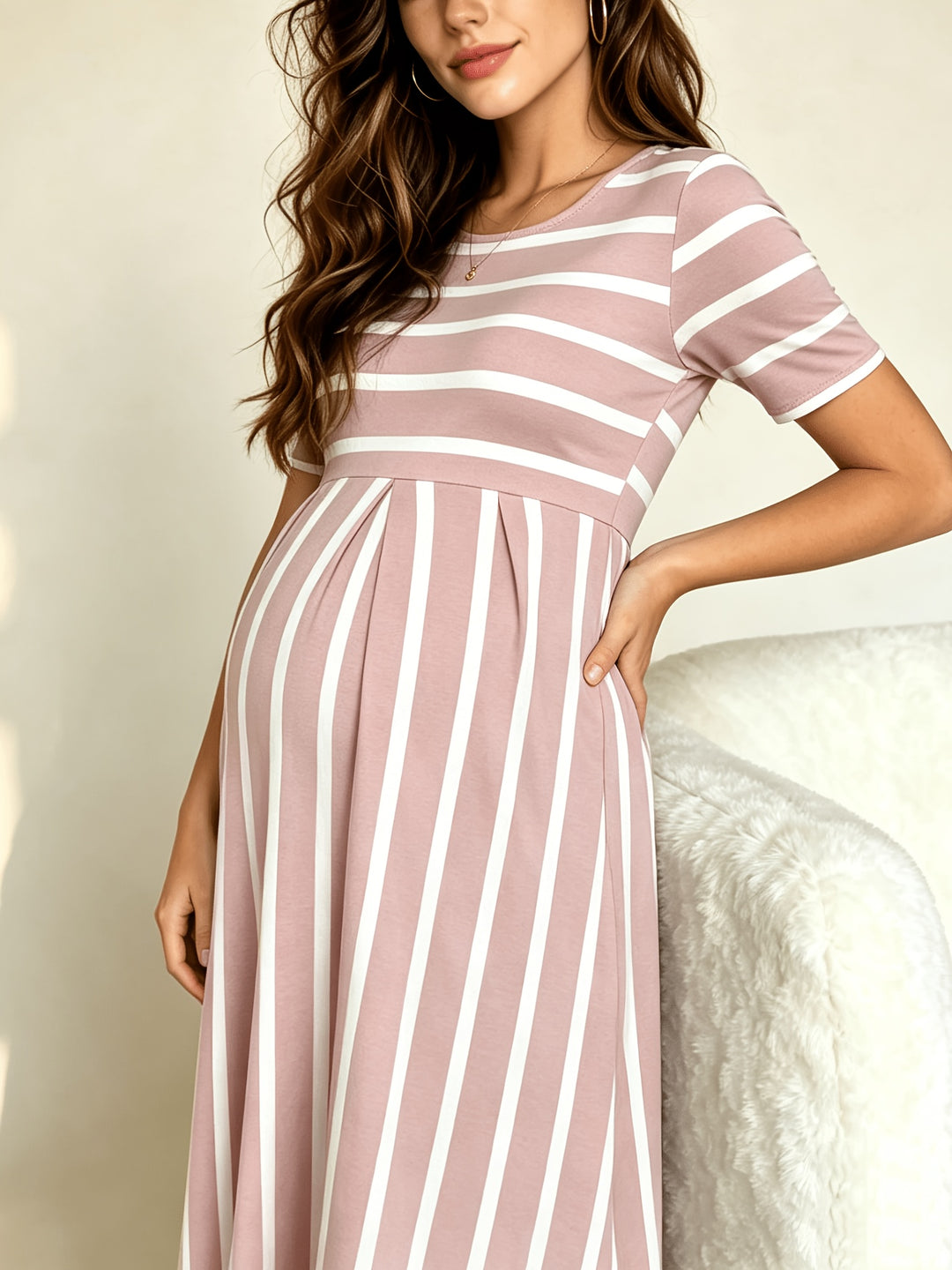 Andrea | Women's Striped Crew Neck Short Sleeve Knit Casual Maternity Dress