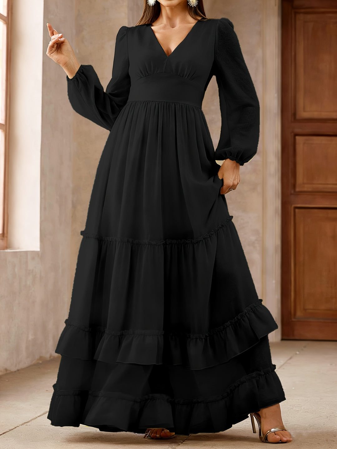 Logan | Women's Chiffon V Neck Long Sleeve Tiered Wedding Guest Dress