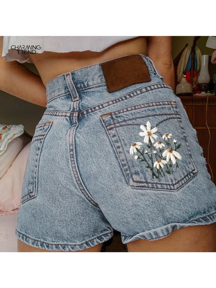 Simone | Women's High Waisted Casual Embroidered Relaxed Jeans