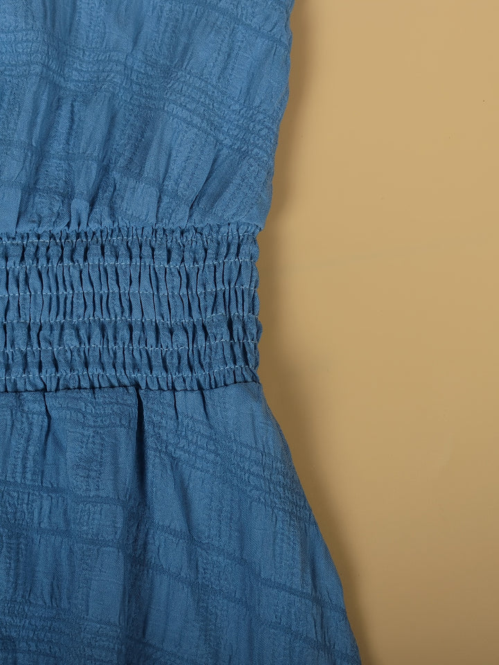 Elegant Blue Maternity Dress for Women with V Neck Short Sleeve Smocked Tiered Plus Size Style