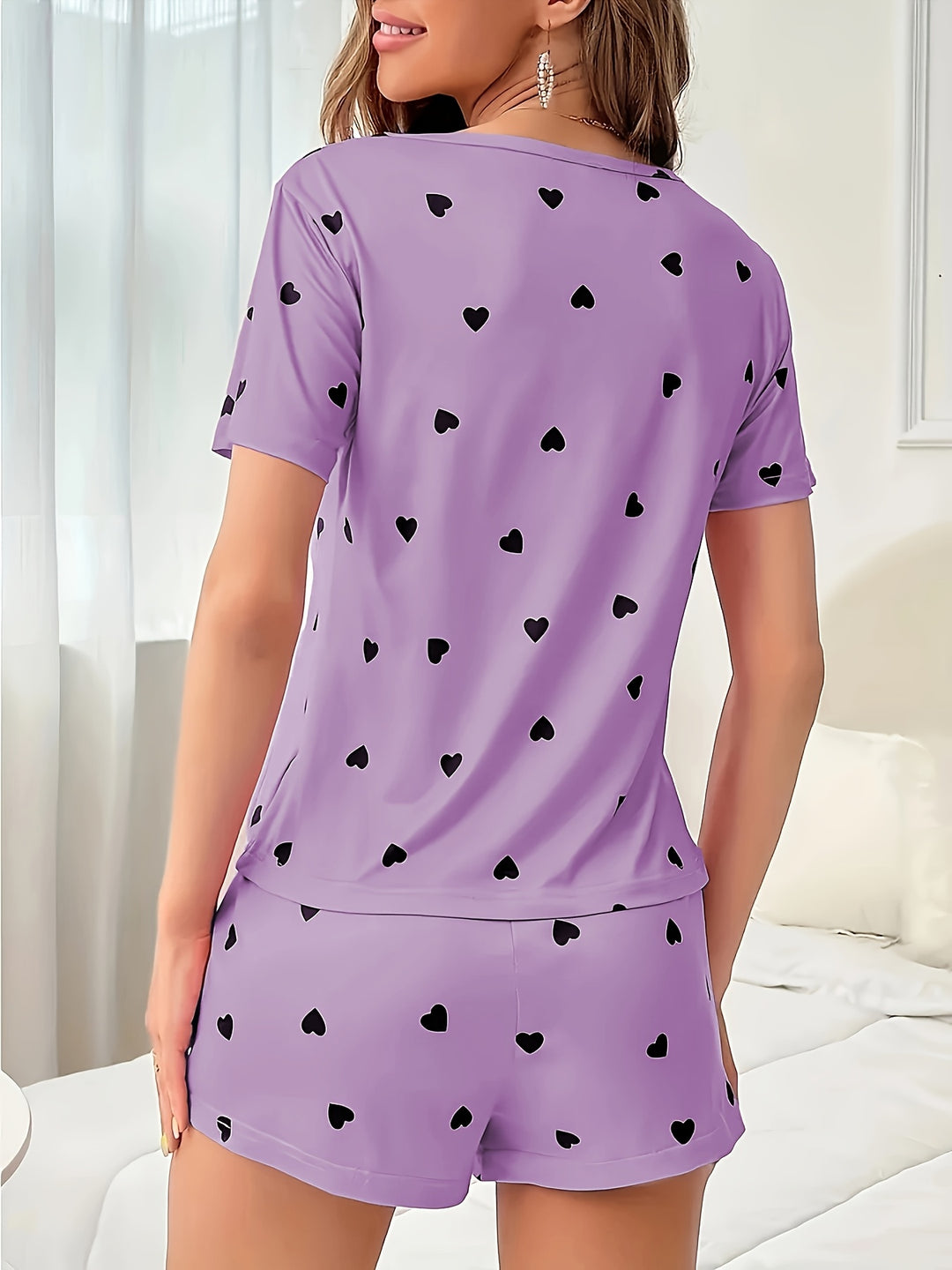 Effortless Purple Heart Knit Pajamas for Women with Crew Neck Short Sleeve Shorts Set Casual Style