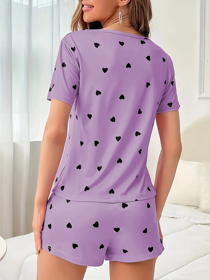 Effortless Purple Heart Knit Pajamas for Women with Crew Neck Short Sleeve Shorts Set Casual Style
