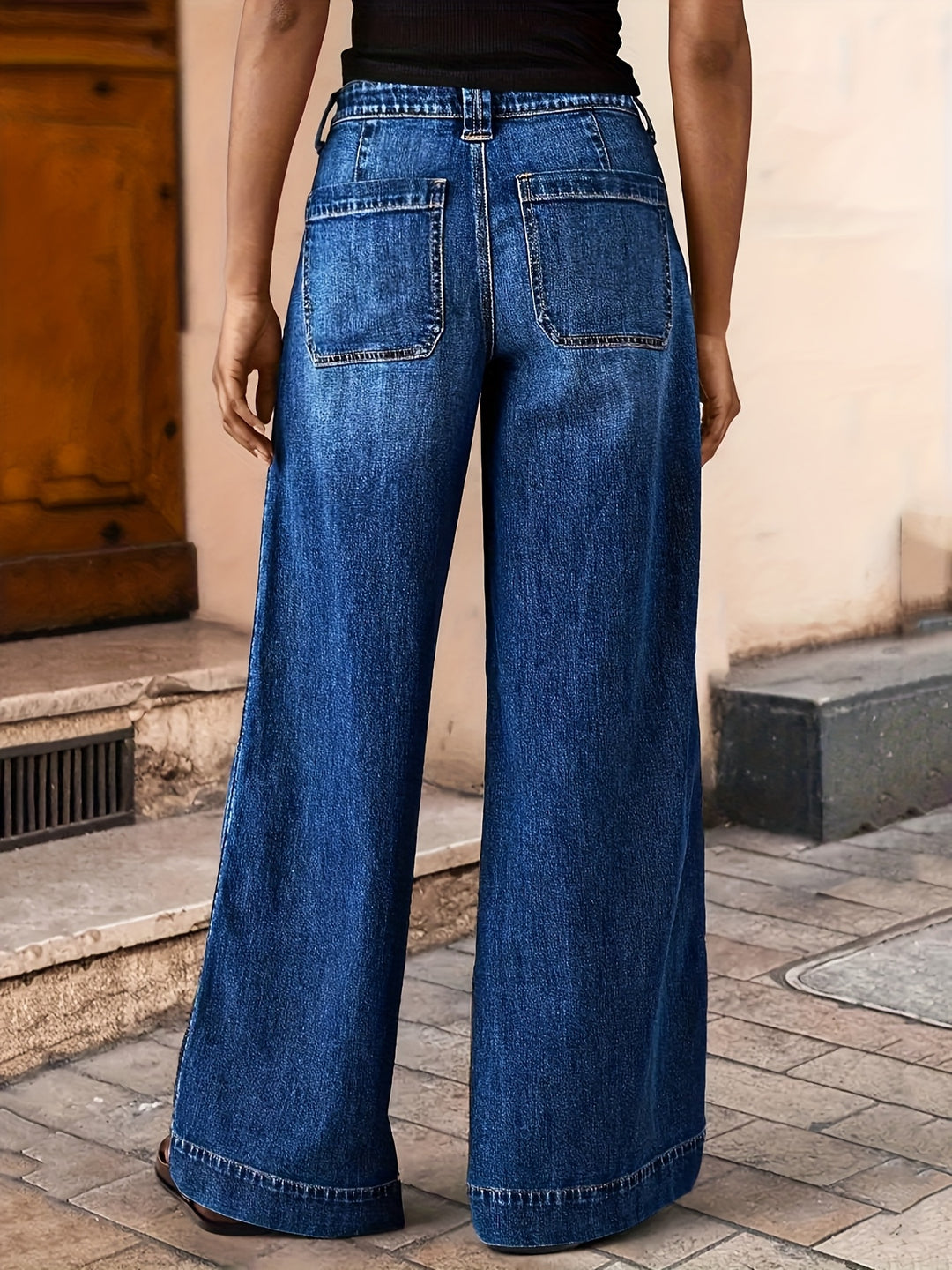 Georgia | Women's Blue Denim Wide Leg Pockets Casual Relaxed Jeans