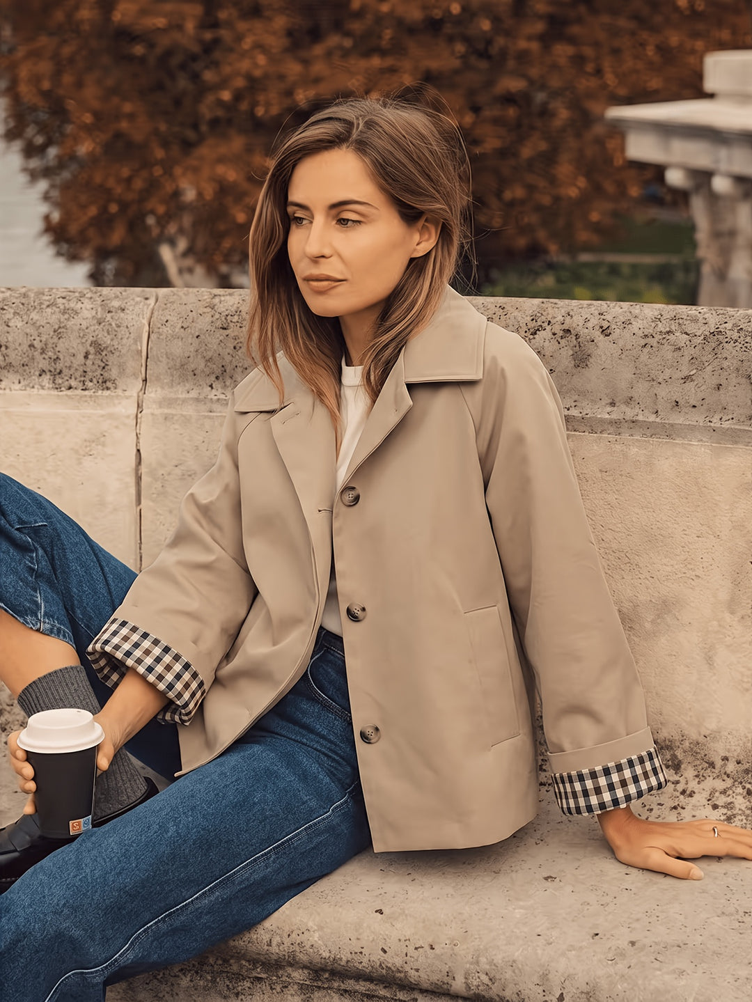 Blythe | Women's Khaki Plaid Button Front Casual Trench Coat
