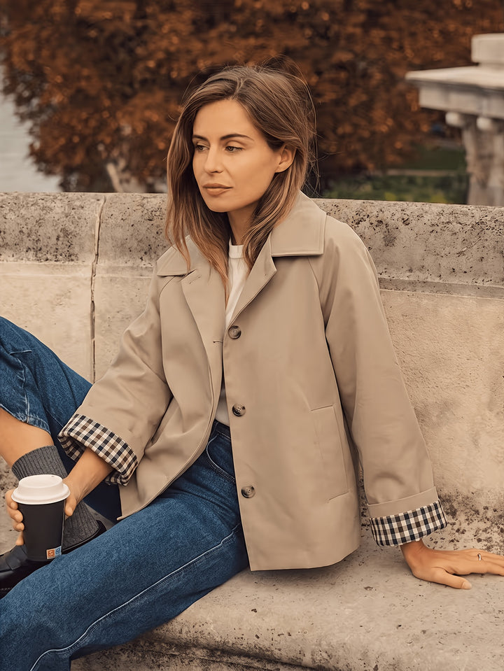 Blythe | Women's Khaki Plaid Button Front Casual Trench Coat