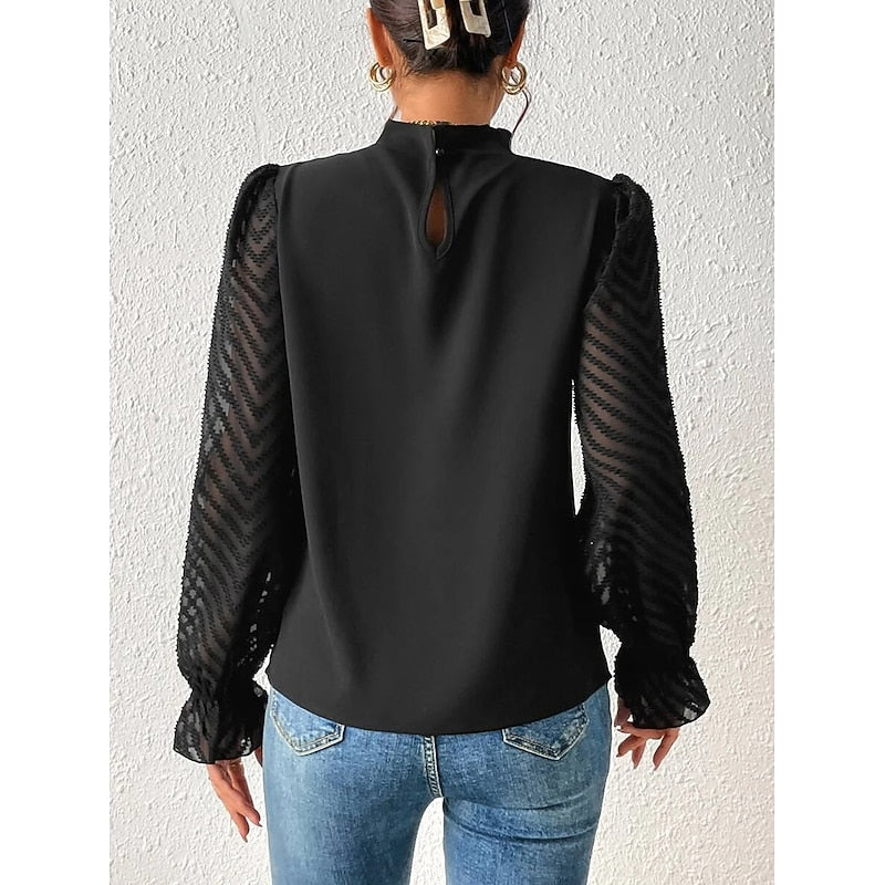 Mock Neck Long Sleeve Pleated Sheer Lace Ruffle Going Out Blouse Top