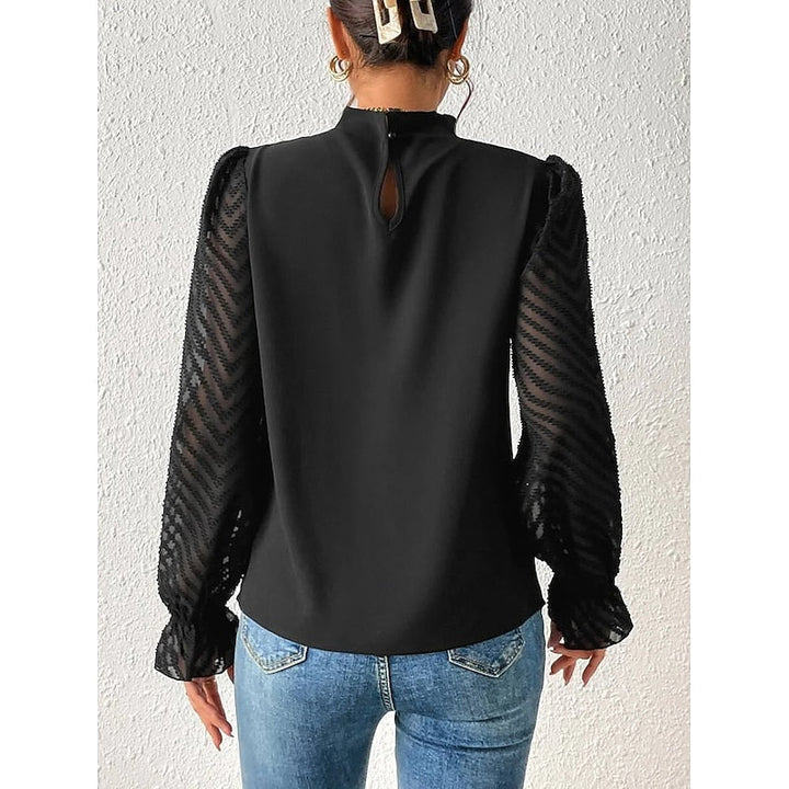 Mock Neck Long Sleeve Pleated Sheer Lace Ruffle Going Out Blouse Top