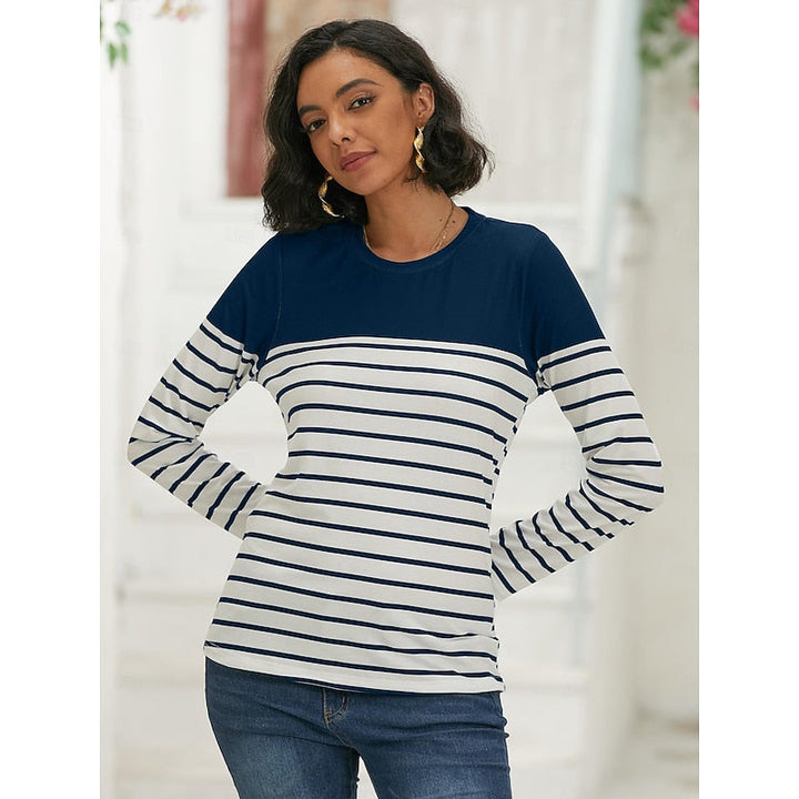 Striped Color Block Crew Neck Long Sleeve Casual Knit Tee Shirt Top