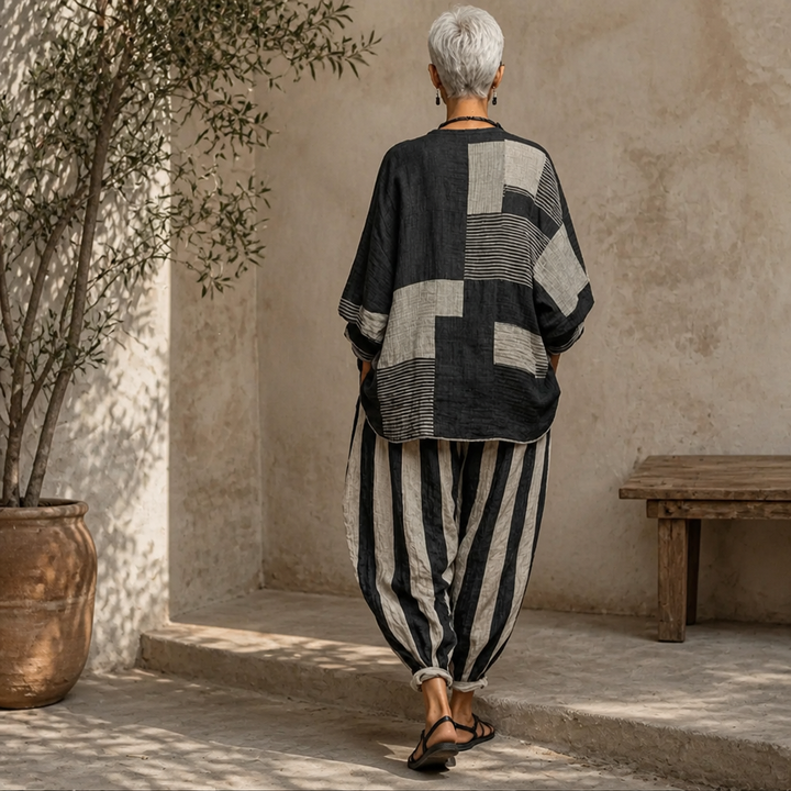 Ottilie | Women's Wide Leg Color Block Striped Round Neck Long Sleeve Two Piece Set