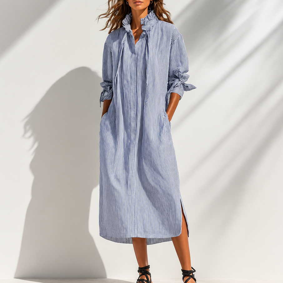Daphne | Women's Blue Striped Ruffle Neck Long Sleeve Pocket Loose Casual Midi Dress