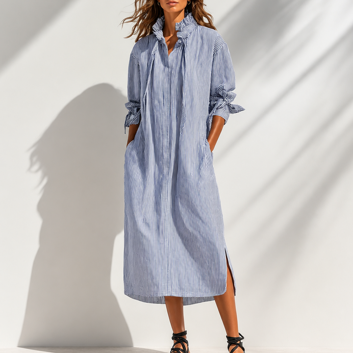 Daphne | Women's Blue Striped Ruffle Neck Long Sleeve Pocket Loose Casual Midi Dress