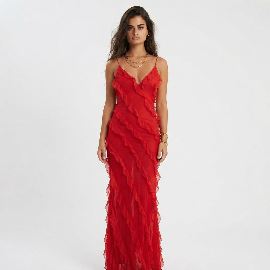 Eirwen | Women Ruffle Strap Red Dress