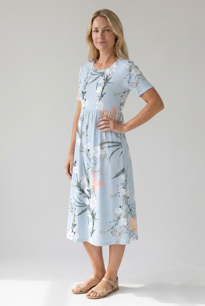 Hedy | Women's Short Sleeve Empire Waist Floral Midi Dress