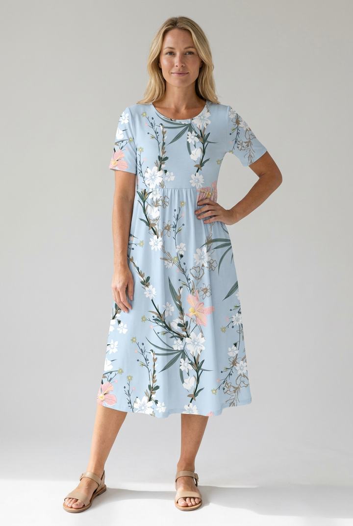 Hedy | Women's Short Sleeve Empire Waist Floral Midi Dress