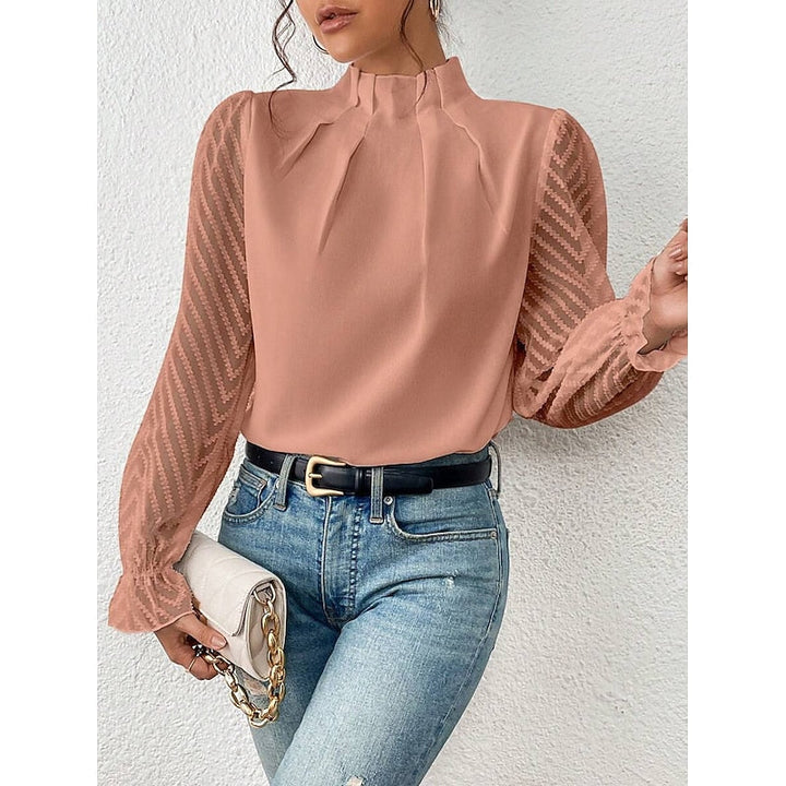 Mock Neck Long Sleeve Pleated Sheer Lace Ruffle Going Out Blouse Top