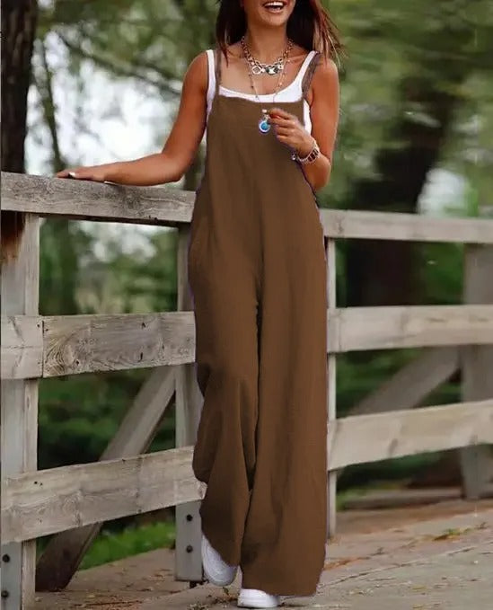 Square Neck Sleeveless Pocket Loose Wide Leg Baggy Bib Overall Jumpsuit