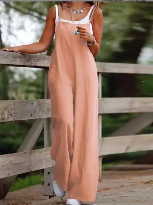 Square Neck Sleeveless Pocket Loose Wide Leg Baggy Bib Overall Jumpsuit