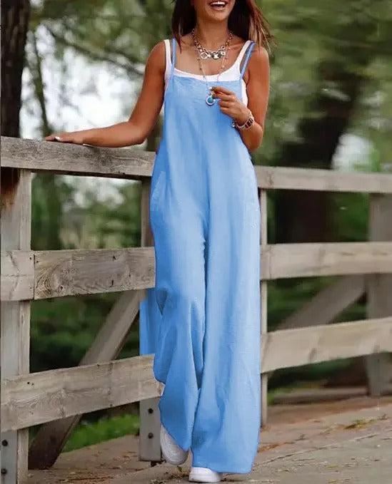 Square Neck Sleeveless Pocket Loose Wide Leg Baggy Bib Overall Jumpsuit