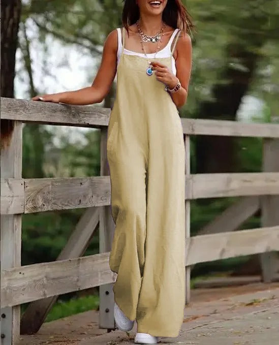 Square Neck Sleeveless Pocket Loose Wide Leg Baggy Bib Overall Jumpsuit