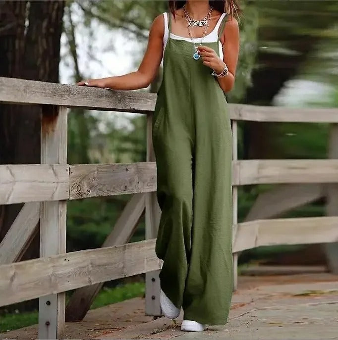 Square Neck Sleeveless Pocket Loose Wide Leg Baggy Bib Overall Jumpsuit