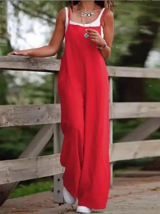 Square Neck Sleeveless Pocket Loose Wide Leg Baggy Bib Overall Jumpsuit