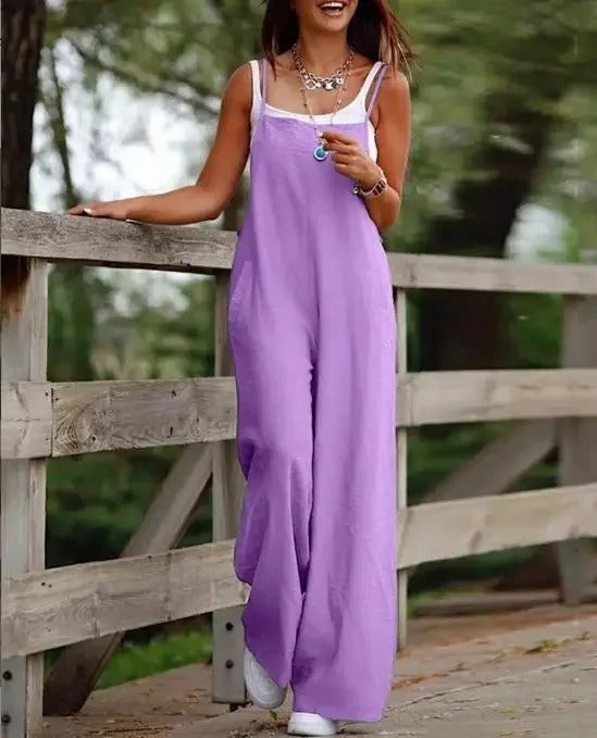 Square Neck Sleeveless Pocket Loose Wide Leg Baggy Bib Overall Jumpsuit