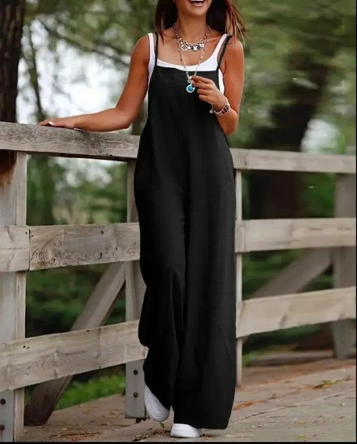Square Neck Sleeveless Pocket Loose Wide Leg Baggy Bib Overall Jumpsuit