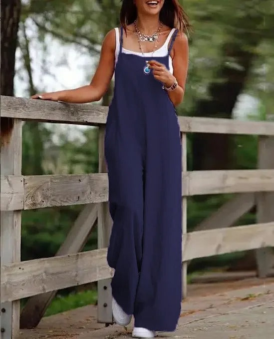 Square Neck Sleeveless Pocket Loose Wide Leg Baggy Bib Overall Jumpsuit