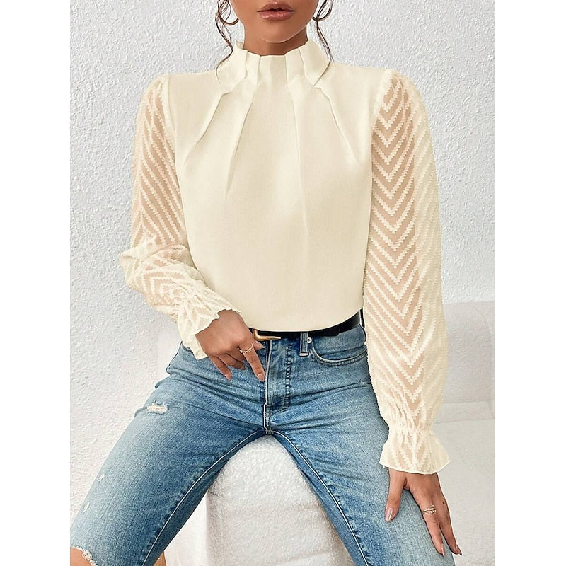 Mock Neck Long Sleeve Pleated Sheer Lace Ruffle Going Out Blouse Top