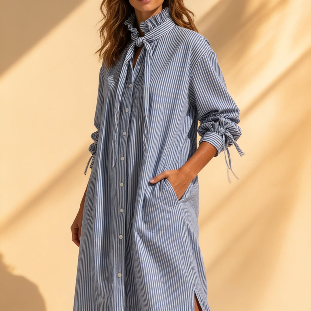 Daphne | Women's Blue Striped Ruffle Neck Long Sleeve Pocket Loose Casual Midi Dress