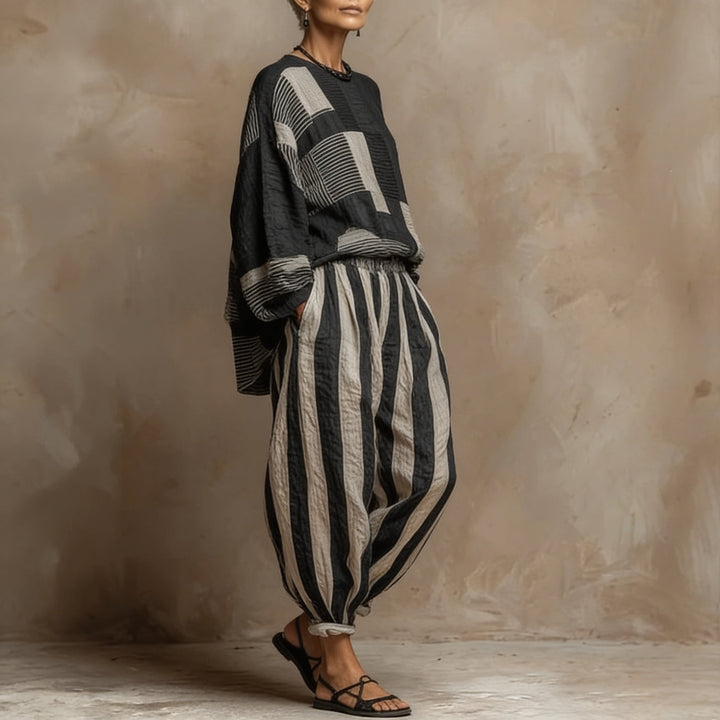 Ottilie | Women's Wide Leg Color Block Striped Round Neck Long Sleeve Two Piece Set