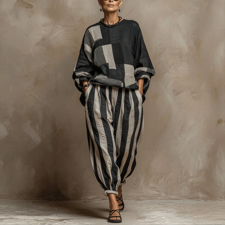 Ottilie | Women's Wide Leg Color Block Striped Round Neck Long Sleeve Two Piece Set