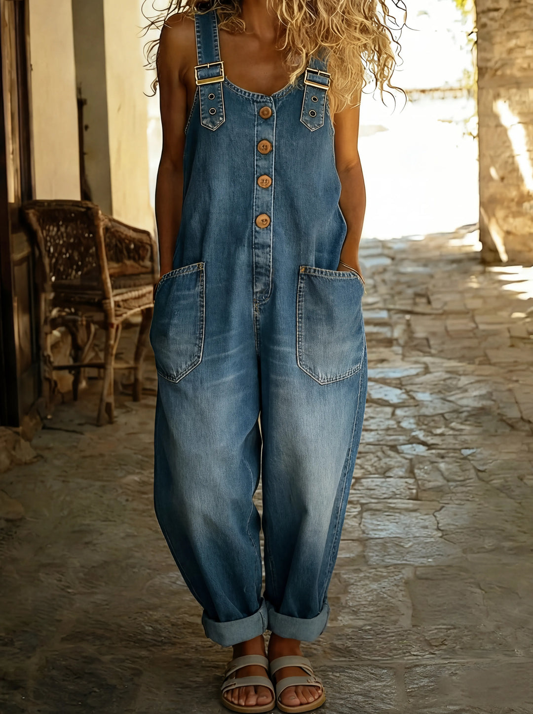 Elegant Denim Overalls for Women with Scoop Neck Sleeveless Button Front Plus Size Flowy Casual Style