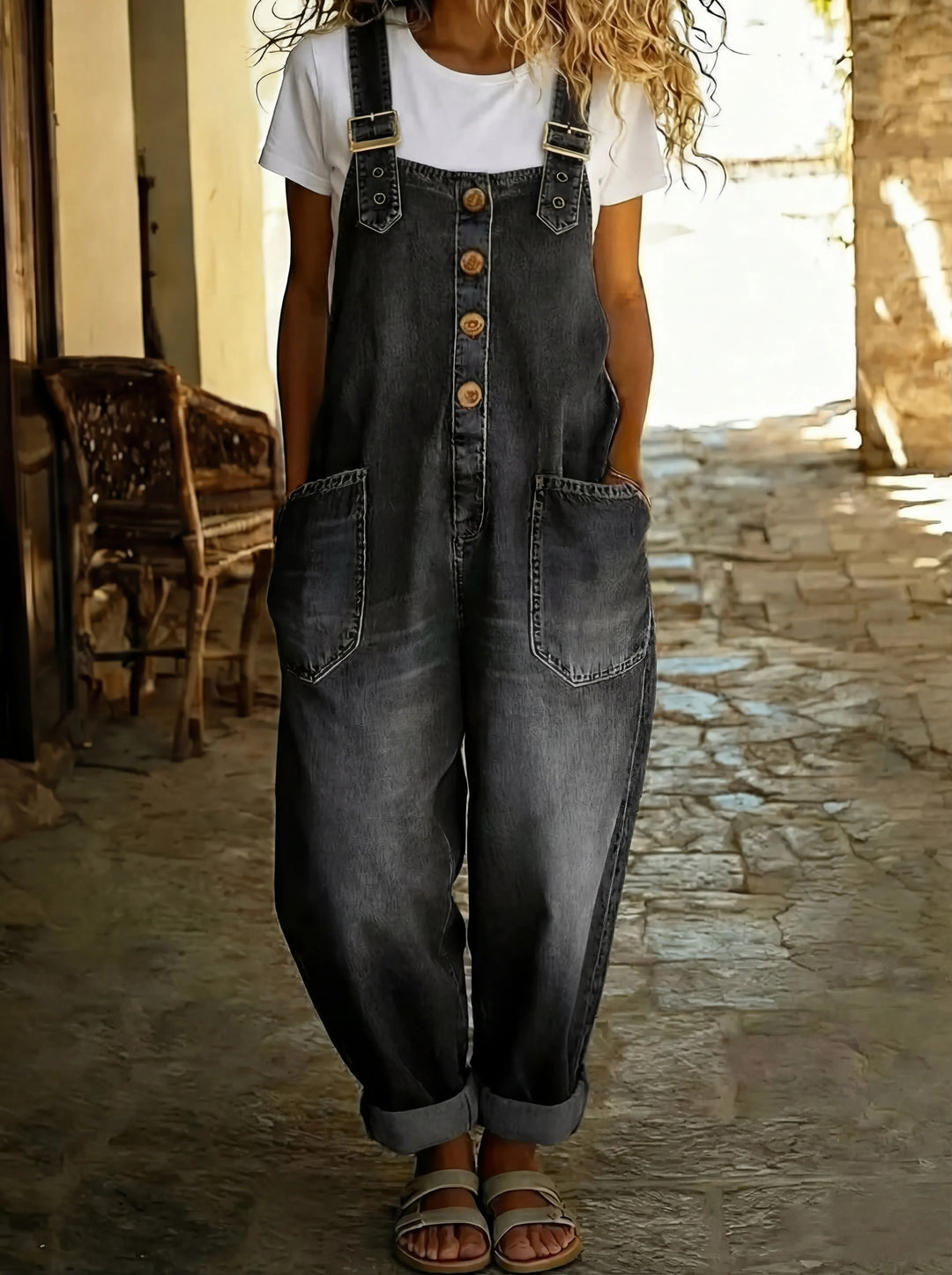 Elegant Denim Overalls for Women with Scoop Neck Sleeveless Button Front Plus Size Flowy Casual Style
