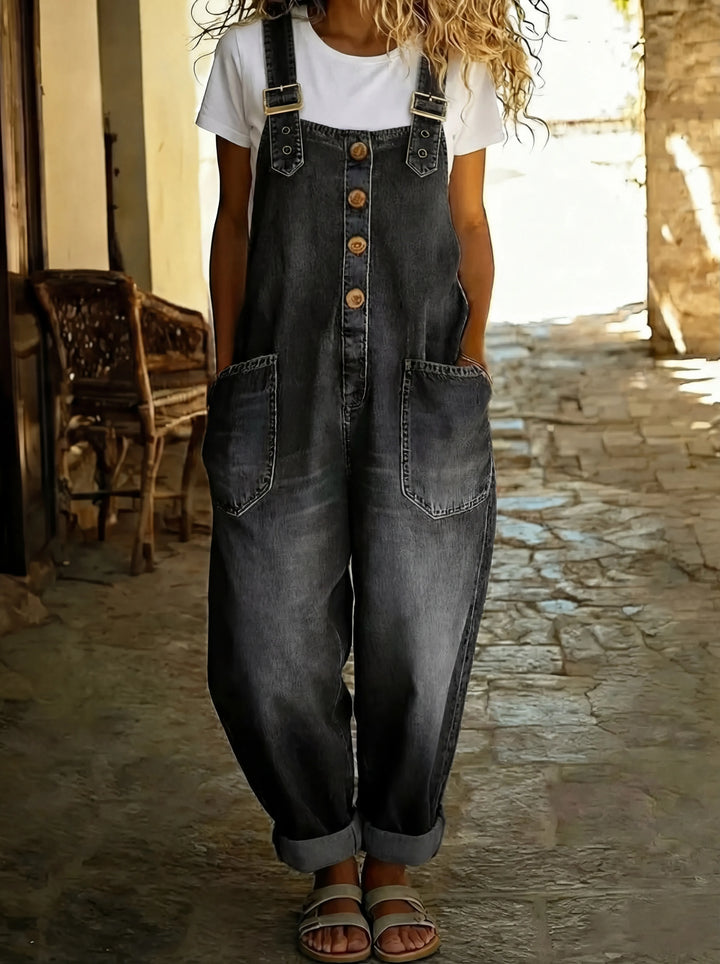 Elegant Denim Overalls for Women with Scoop Neck Sleeveless Button Front Plus Size Flowy Casual Style