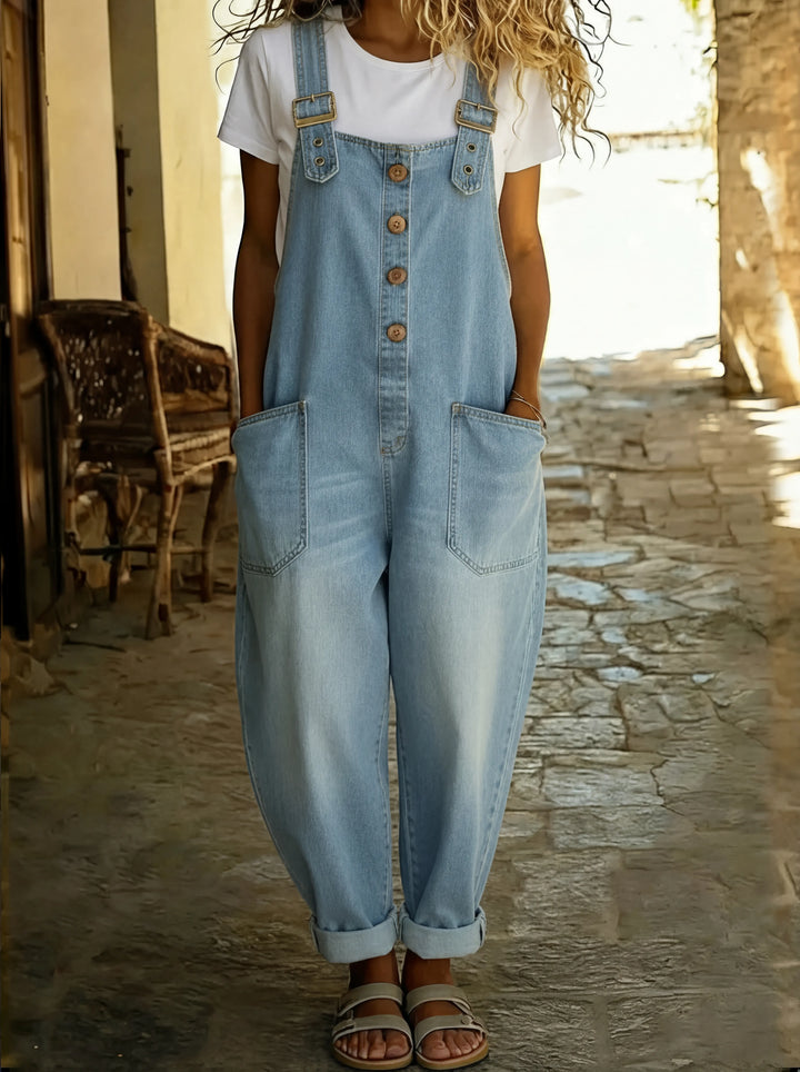 Elegant Denim Overalls for Women with Scoop Neck Sleeveless Button Front Plus Size Flowy Casual Style