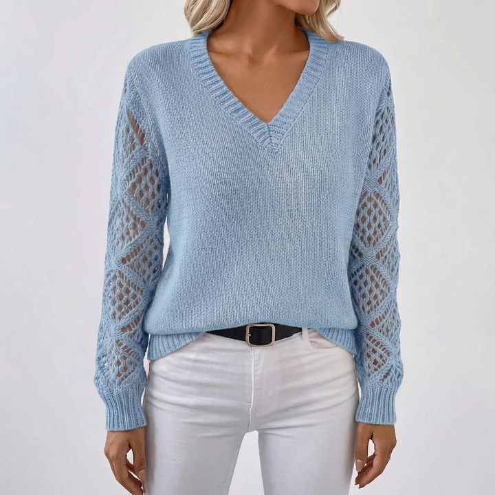 Afton | Women's V Neck Openwork Sleeve Cardigan Sweater